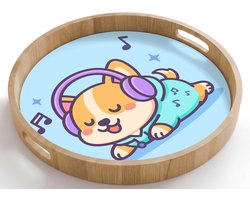 Dienblad rond 50x50 cm - Schootdienblad hout - Corgi - Koptelefoon - Blauw - Muzieknoten - Borrelplank rechthoek - Plateau houten dienbladen