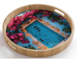 Dienblad rond 50x50 cm - Schootdienblad hout - Deur - Hout - Bloemen - Blauw - Borrelplank rechthoek - Plateau houten dienbladen