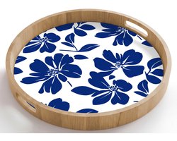 Dienblad rond 50x50 cm - Schootdienblad hout - Floraal - Modern - Blauw - Borrelplank rechthoek - Plateau houten dienbladen