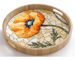 Dienblad rond 50x50 cm - Schootdienblad hout - Klaprozen - Oranje - Mozaïek - Bladeren - Borrelplank rechthoek - Plateau houten dienbladen