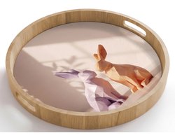 Dienblad rond 50x50 cm - Schootdienblad hout - Konijnen - Paars - Oranje - Abstract - Borrelplank rechthoek - Plateau houten dienbladen