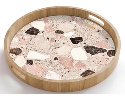 Dienblad rond 50x50 cm - Schootdienblad hout - Licht - Roze - Terrazzo - Stenen - Borrelplank rechthoek - Plateau houten dienbladen