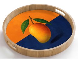 Dienblad rond 50x50 cm - Schootdienblad hout - Mango - Vlakken - Bladeren - Oranje - Borrelplank rechthoek - Plateau houten dienbladen