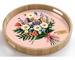 Dienblad rond 50x50 cm - Schootdienblad hout - Margrieten - Boeket - Strikje - Roze - Borrelplank rechthoek - Plateau houten dienbladen