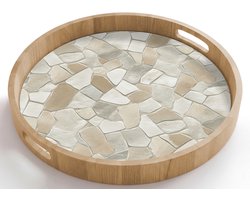 Dienblad rond 50x50 cm - Schootdienblad hout - Mozaïek - Stenen - Beige - Borrelplank rechthoek - Plateau houten dienbladen