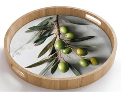 Dienblad rond 50x50 cm - Schootdienblad hout - Olijventak - Beton - Mediterraan - Borrelplank rechthoek - Plateau houten dienbladen