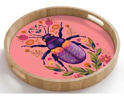 Dienblad rond 50x50 cm - Schootdienblad hout - Paars - Kever - Stipjes - Bloemen - Borrelplank rechthoek - Plateau houten dienbladen