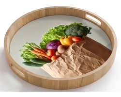 Dienblad rond 50x50 cm - Schootdienblad hout - Papieren - Boodschappen - Groente - Kleurrijk - Borrelplank rechthoek - Plateau houten dienbladen