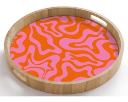 Dienblad rond 50x50 cm - Schootdienblad hout - Patroon - Roze - Oranje - Abstract - Modern - Borrelplank rechthoek - Plateau houten dienbladen