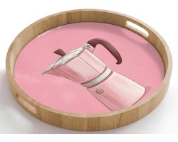 Dienblad rond 50x50 cm - Schootdienblad hout - Roze - Mokkapot - Illustratie - Koffie - Borrelplank rechthoek - Plateau houten dienbladen