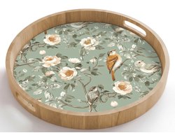 Dienblad rond 50x50 cm - Schootdienblad hout - Roze - Vogels - Kleurrijk - Borrelplank rechthoek - Plateau houten dienbladen