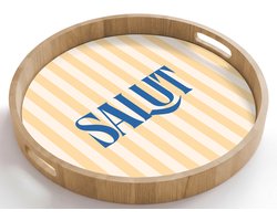 Dienblad rond 50x50 cm - Schootdienblad hout - Salut - Quote - Strepen - Geel - Blauw - Wit - Borrelplank rechthoek - Plateau houten dienbladen