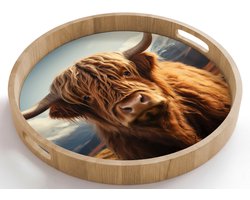 Dienblad rond 50x50 cm - Schootdienblad hout - Schotse hooglander - Hoorns - Bergen - Landschap - Borrelplank rechthoek - Plateau houten dienbladen