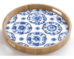 Dienblad rond 50x50 cm - Schootdienblad hout - Sierborden - Bloemen - Blauw - Borrelplank rechthoek - Plateau houten dienbladen