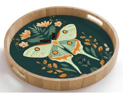 Dienblad rond 50x50 cm - Schootdienblad hout - Sierlijk - Vlinder - Groen - Bladeren - Borrelplank rechthoek - Plateau houten dienbladen