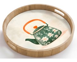 Dienblad rond 50x50 cm - Schootdienblad hout - Theepot - Groen - Bloemen - Oranje - Borrelplank rechthoek - Plateau houten dienbladen