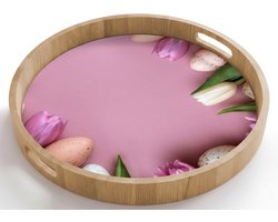 Dienblad rond 50x50 cm - Schootdienblad hout - Tulpen - Eieren - Roze - Borrelplank rechthoek - Plateau houten dienbladen