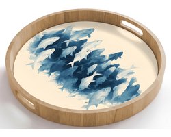 Dienblad rond 50x50 cm - Schootdienblad hout - Vissen - Minimalistisch - Blauw - Borrelplank rechthoek - Plateau houten dienbladen