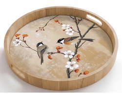 Dienblad rond 50x50 cm - Schootdienblad hout - Vogels - Bloesemtak - Bloemen - Oranje - Borrelplank rechthoek - Plateau houten dienbladen