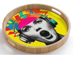 Dienblad rond 50x50 cm - Schootdienblad hout - Vrouw - Koptelefoon - Geel - Borrelplank rechthoek - Plateau houten dienbladen