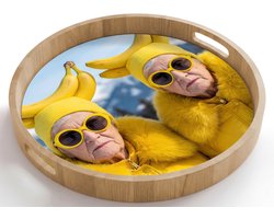 Dienblad rond 50x50 cm - Schootdienblad hout - Vrouwen - Bananen - Geel - Borrelplank rechthoek - Plateau houten dienbladen
