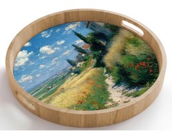 Dienblad rond 50x50 cm - Schootdienblad hout - Zandpad - Huis - Bomen - Grasveld - Borrelplank rechthoek - Plateau houten dienbladen