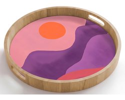 Dienblad rond 50x50 cm - Schootdienblad hout - Zon - Heuvels - Paars - Abstract - Borrelplank rechthoek - Plateau houten dienbladen