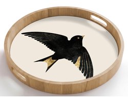 Dienblad rond 50x50 cm - Schootdienblad hout - Zwarte zwaluw - Gouden accenten - Lichte achtergrond - Borrelplank rechthoek - Plateau houten dienbladen
