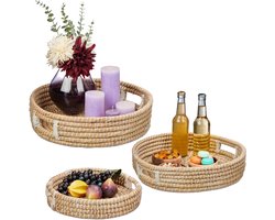 dienblad set van 3 - 43 cm - zeegras - handgrepen - decoratief - gevlochten - hoge rand - rond