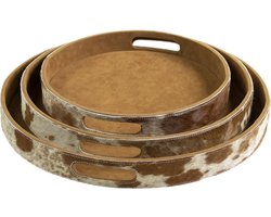 dienbladen koehuid rond bruin/wit (set of 3)