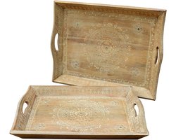 Dienbladen Set - Oosterse Serveerplanken - Serveren & Decoratie - Handgeschilderd Mangohout - 53x41cm & 50x36cm - Multicolor