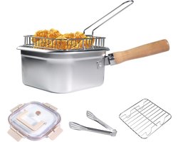 Diepfriteuse met zeefmandje en dichte deksel voor bakken op het fornuis, roestvrij staal met afneembare houten greep
