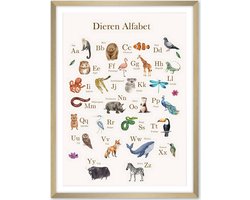 Dieren Alfabet - Poster 50x70 cm - Leren voor kinderen - Dieren - Educatief - Posterlijst bruin - Kamer decoratie - Wanddecoratie kinderkamer - Muurdecoratie babykamer