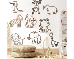 Dieren Muurdecoratie - Jungle Bos Thema - Kinderkamer Decoratie - Set van 9 Stuks - Diverse Afmetingen - Bruin
