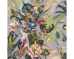 Dieren patroon behang Profhome 381762-GU glad vliesbehang zonder structuur in jungle stijl mat purper groen geel blauw 5,33 m2