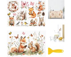 Dieren Rub-on Transfers Stickers voor Creatieve Projecten, 2 Stuks Vos en Eekhoorn met Bloemen voor Meubels, Tuin, Deuren en Muren in Slaapkamer en Kinderkamer