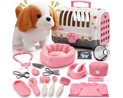 Dierenartsspeelgoed voor kinderen, interactieve hond met kooi, dokterskostuum en dierenartskoffer, kinderaccessoires, elektrische hond voor meisjes, speelgoed hond die loopt en blaft, cadeau voor
