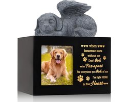 Dierenurn - Geschikt voor het bewaren van honden- of kattenas - Wordt geleverd met lijst - Inclusief dierensculptuur van kunsthars en opbergzak - Herinneringsgeschenk voor huisdieren - Hartelijke boodschap - Dierenas - 18 x 12,5 x 12,8 cm - Zwart
