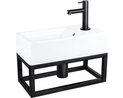 Differnz Force Fonteinset - Wasbak Keramiek - Wit - Rechte Kraan - Mat Zwart - Standaard Greep - 40 x 22 x 11.5 cm - Met Handdoekrek - Zwart