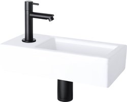 Differnz Helios fonteinset - 37.5x18.5x9.5cm - Rechthoek - 1 kraangat links - Recht matte zwarte kraan - Wit
