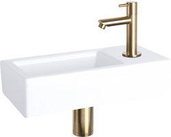 Differnz Helios Fonteinset – Wasbak Keramiek 37,5x18.5x9,5cm – Fonteinset Toilet met Fonteinkraan Rechts Mat Goud – Wastafel met Rechte Kraan en Standaard Greep – Voor Badkamer of WC