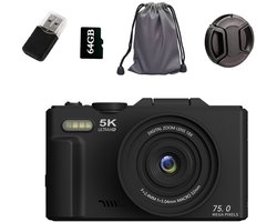 Digitale camera 5K 75MP fotocamera en vlogcamera met wifi, 64GB geheugenkaart, 18x zoom, 3,0" LCD 180° compactcamera fotocamera voor op reis, beginners en volwassenen (zwart)