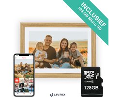 Digitale Fotolijst met WIFI en Frameo App - Inclusief 128GB SD Kaart - 10.1 inch - HD+ -IPS Display - Hout - 3 Dimfuncties - Horizontaal & Verticaal