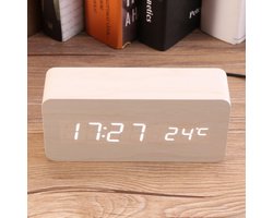 Digitale Houten Wekker - Bureauklok LED - Wakker Worden - Geluidscontrole Functie - 15x7cm - Wit Hout