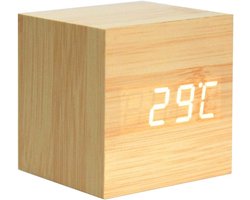 Digitale Houten Wekker - Kubus Tafelklok - Bureau Decoratie - Geluidsgevoelige Weergave - 6 cm Kubus - Geel Wit