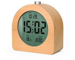 Digitale Houten Wekker met Temperatuur en Datum, Snooze Functie en Warm Licht