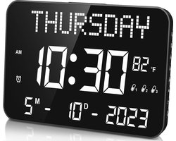 Digitale Kalenderwekker 28,4 cm met Dag en Datum, 4 Alarmen en 8 Geluiden, Opvouwbare LED Wandklok voor Ouderen