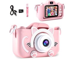 Digitale Kindercamera - 10 x 6 x 5,5 cm - Met 32GB Micro SD Kaart - Schokbestendig Fototoestel voor Kinderen - Vlog Camera - USB Oplaadbaar - Roze