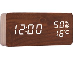 Digitale klok - Bureauklok - Wooden look - Donker hout + Witte cijfers met Temperatuur- en Luchtvochtigheidsmeter