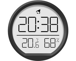 Digitale klok met temperatuur- en vochtigheidsbewaking, alarmfunctie, magnetisch/wandmodel, geschikt voor thuis- en kantoorgebruik, zwart.